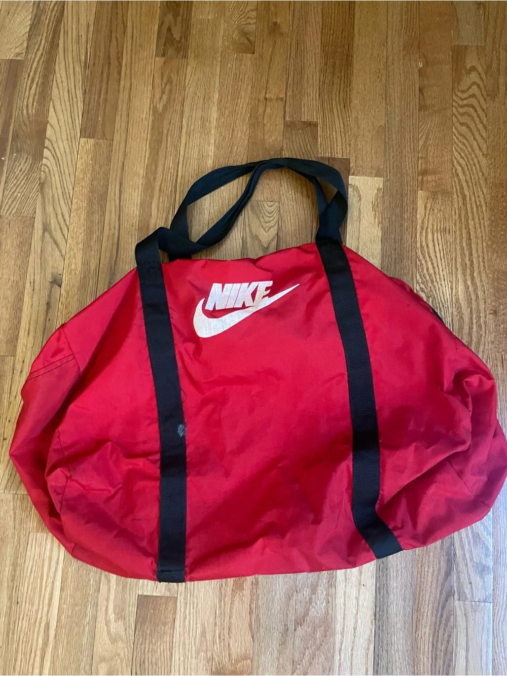 Vintage Made in USA Nike Red Duffel Bag Weekender Spell-out Black Handles